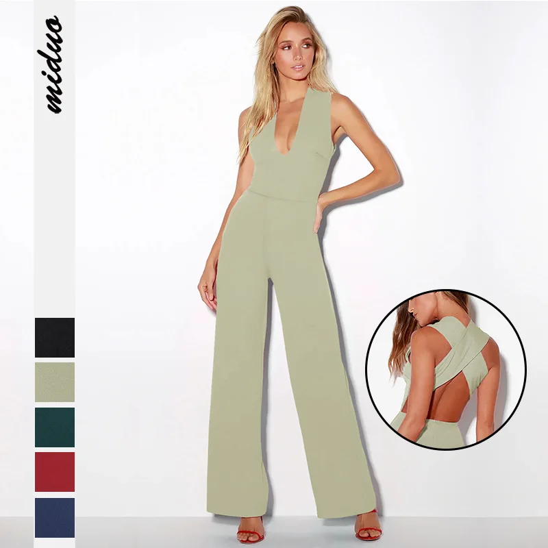 Women 2023 Summer Jumpsuit Casual Sleeveless V Neck Wide Leg Pants Rompers Overalls Monos Mujer Elegante