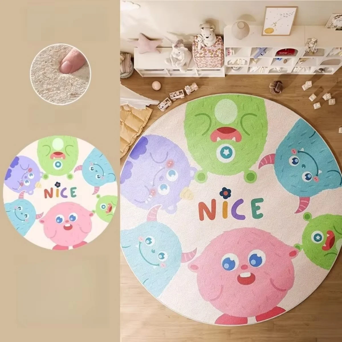 Round Area Rug Cute Monster Graphic Print Floor Carpet Whimsical Home Decor Living Room Bedroom Leisure Space Interior Decor