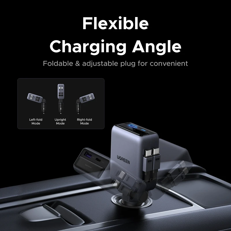 UGREEN – ładowarka samochodowa o mocy 150 W z wbudowanym, automatycznie wysuwającym się kablem, wyposażona w 3 porty USB-C i 1 port USB-A, obsługuje szybkie ładowanie PD QC4.0 dla telefonów komórkowych. — zdjęcie produktu 5