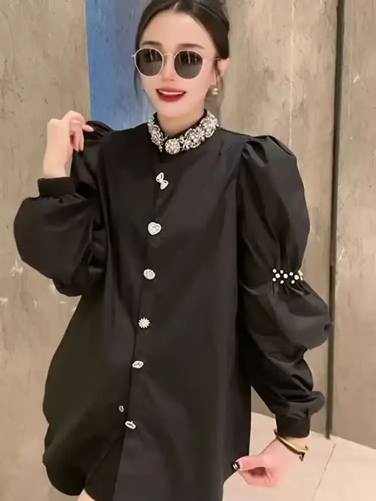 New In Autumn 2024 Cotton Shirts Blouses For Women Retro Puff Sleeve Beaded Collar Black Shirt Loose Casual Fashion Top