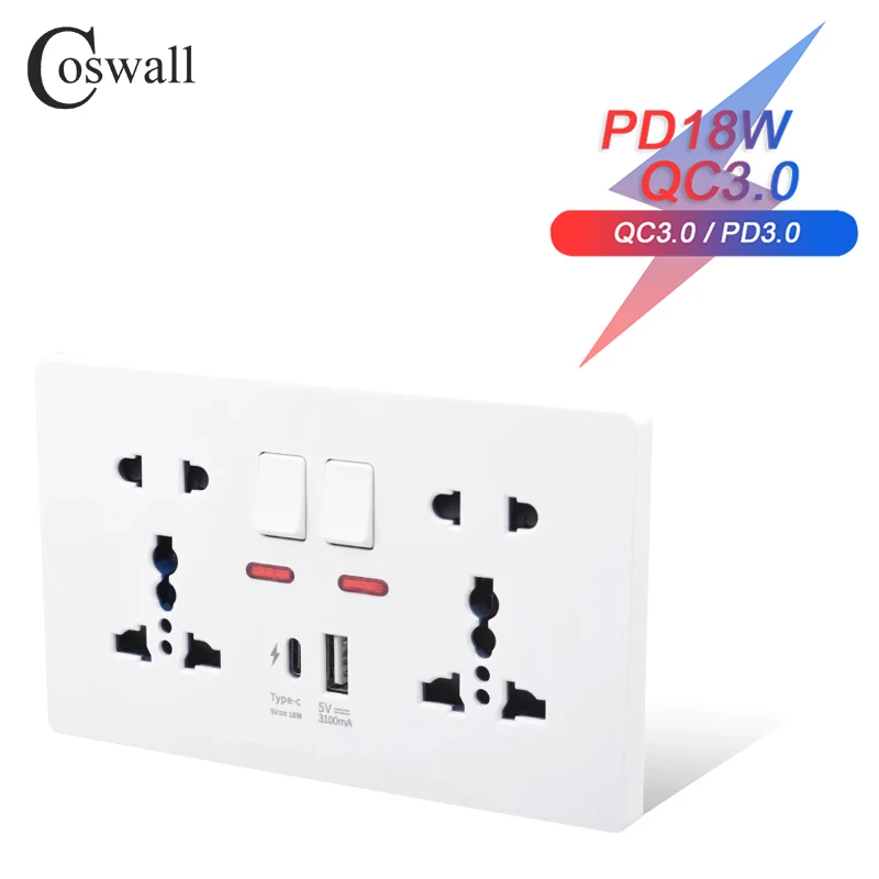 COSWALL 18W Type-C Wall Socket, 4A Smart Quick Charge Interface,Universal Dual Outlet,Separate Switch Control, 1A1C USB Port