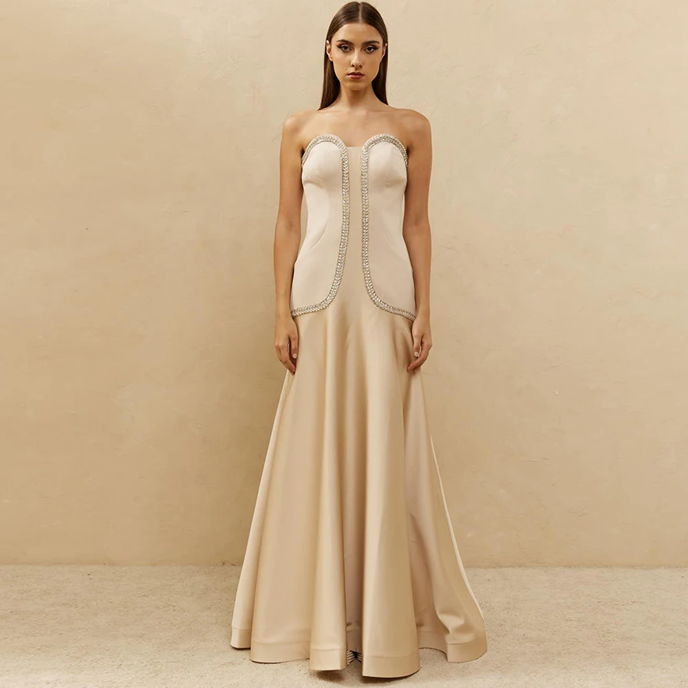 

Simple Strapless A-Line Customized Evening Dress Satin Homecoming Dresses Sparkly Crystal Zipper Back Special Occasion Gowns