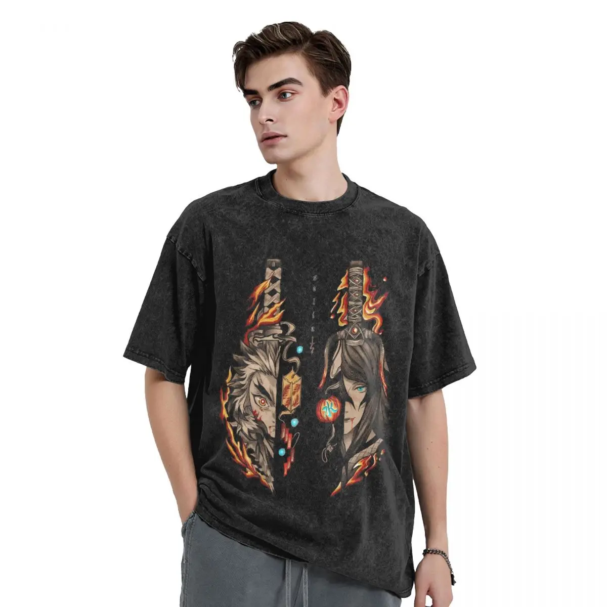 Anime Rengoku Kyoujurou DEMON SLAYER woman Men Washed Hot stamping Print T-Shirt,Cotton Tshirt Men's Summer Short Sleeve Tees