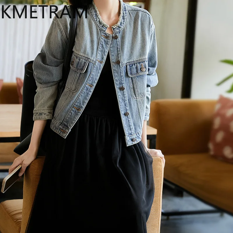 KMETRAM 90% 코튼 데님 재킷, 빈티지 워시 데님 재킷, 패션 가을 겉옷, 여성 2024, 신상