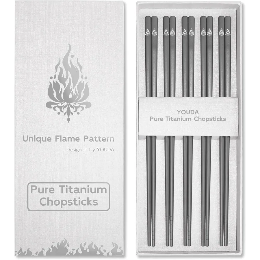 

Youda 5 Pairs Pure Titanium Chopsticks 9.45 Extra Long NonRoll Square Design with Grooved Grip for Enhanced Control and Comfort