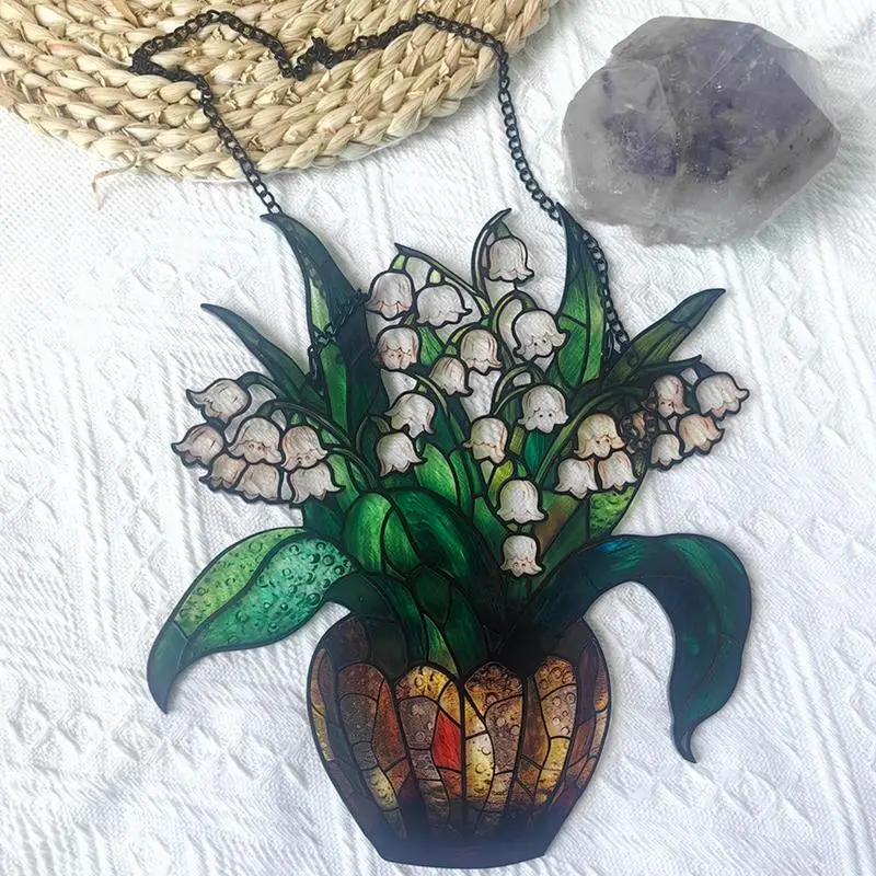 Lily Of The Valley Sun Catcher Flower Window Catcher Wall Art Decor Sun Catcher With Chain Floral Sign For Outdoor Porch Kitchen