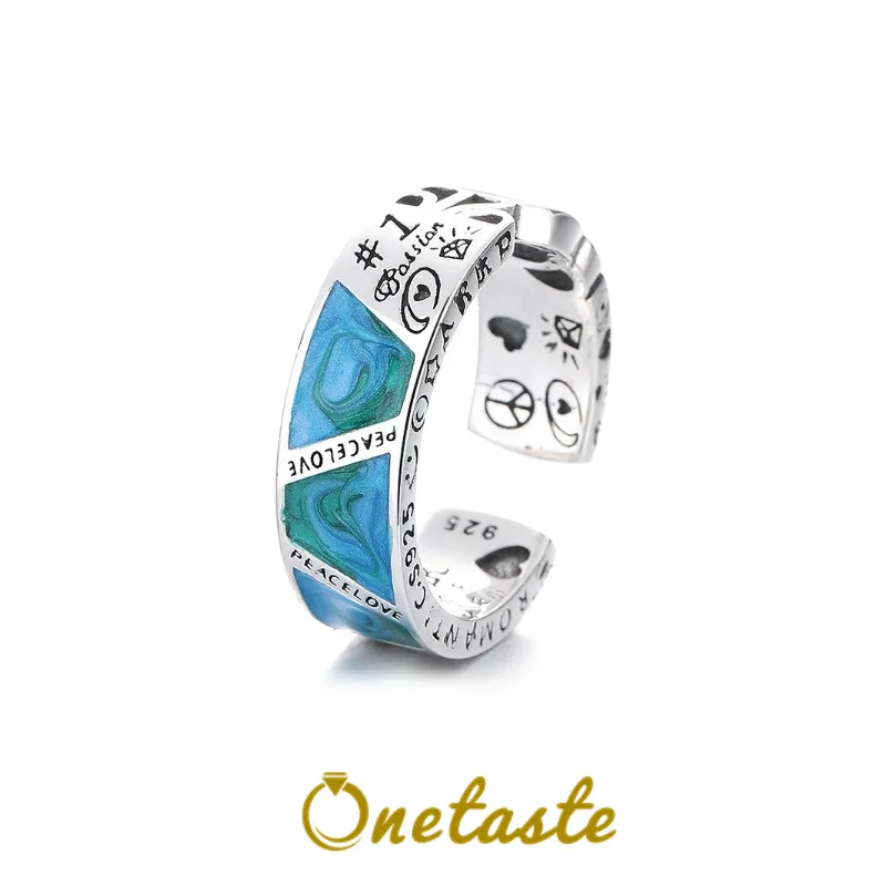 

925 Sterling Silver Carved Love Peace 7mm Open Band Ring Women Blue Resin Epoxy Simple Trendy Stack Statement Ring Party Gift