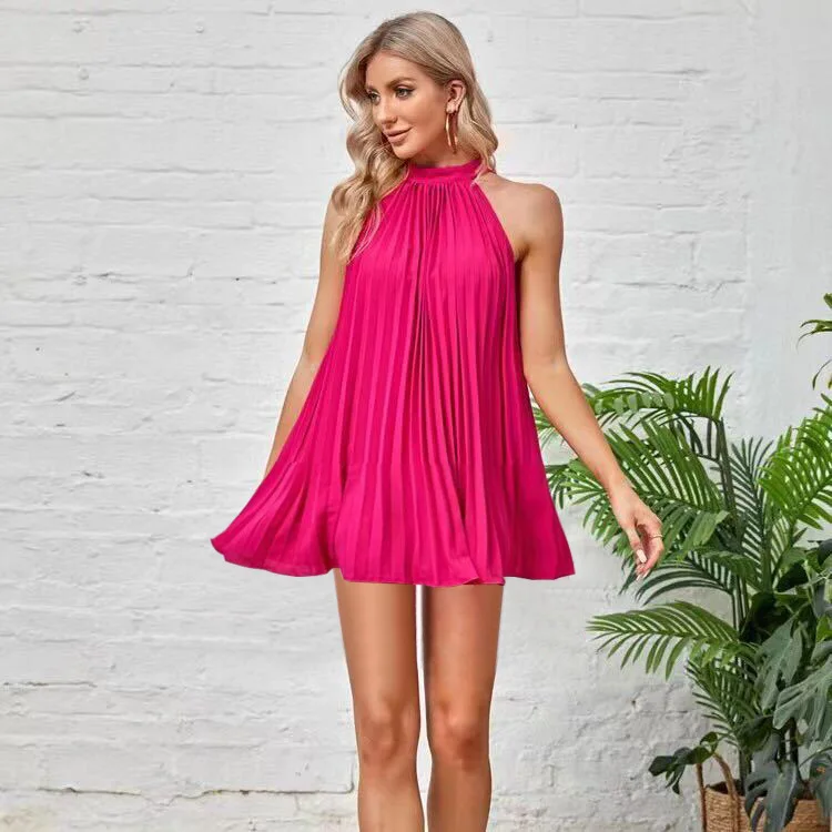 

BKLD 2025 Women Clothing Spring Party Dresses Solid Color Pleated Sleeveless Stand Collar Bow Strap Dress Sexy Clubwear