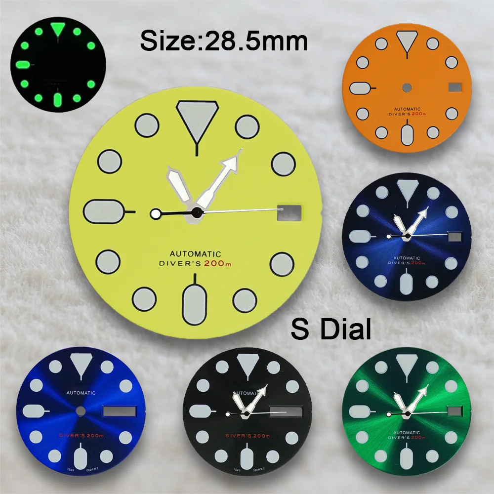 28.5mm S Logo SKX007 Dial Fit NH35/NH36 Movement Strong Green Luminous Sunray/Matte High-Quality Watch Modified Accessories