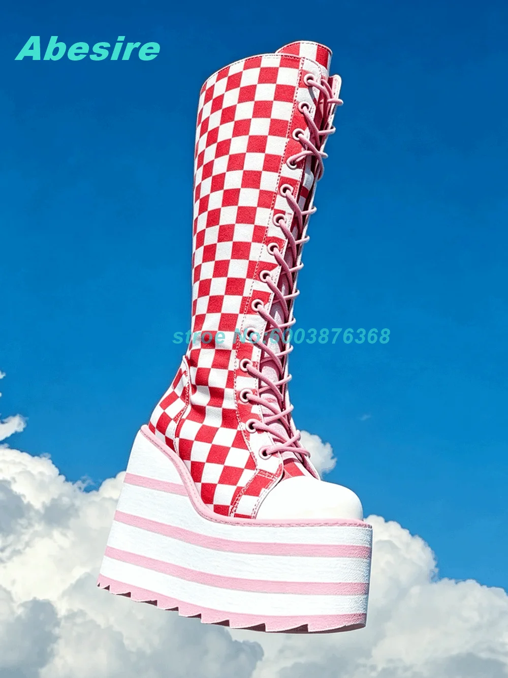 Black White Checkerboard Lace‑Up Wedges Thick Sole Women's Boots Y2K Goth Platform Knee High Boots Festival Street Shoes