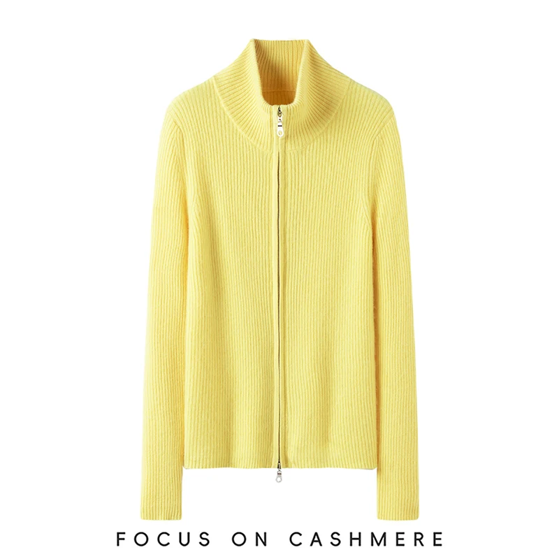 Damski sweter z wysokim kołnierzem, zapinany na zamek, w drobne paski, wykonany w 100% z kaszmiru, swobodny, modny sweter-płaszcz, wygodny, miękki, dzianinowy na jesień i zimę.