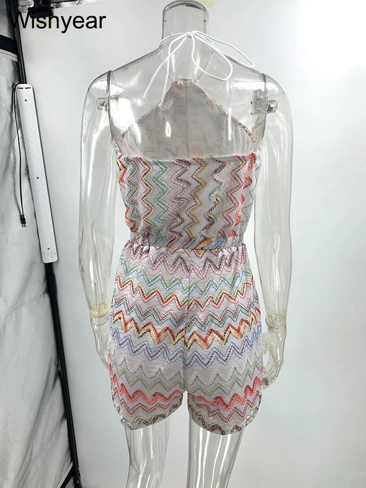 Wishyear Damen Sexy Off-Shoulder-Overall, Boho-Streifendruck, Neckholder, rückenfrei, Playsuit, Strampler, kurze Strand-Overalls, Einteiler