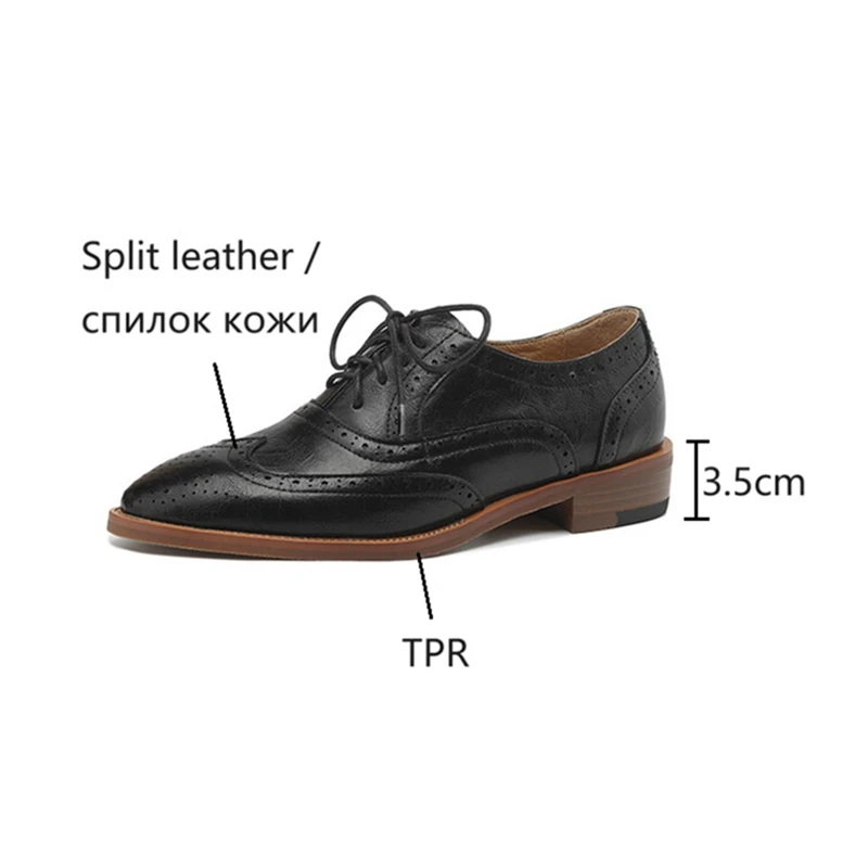 NEW Spring/Autumn Women Oxfords Split Leather Shoes for Women Brogues Vintage Lace up Loafers Handmade Black Plus Size Shoes