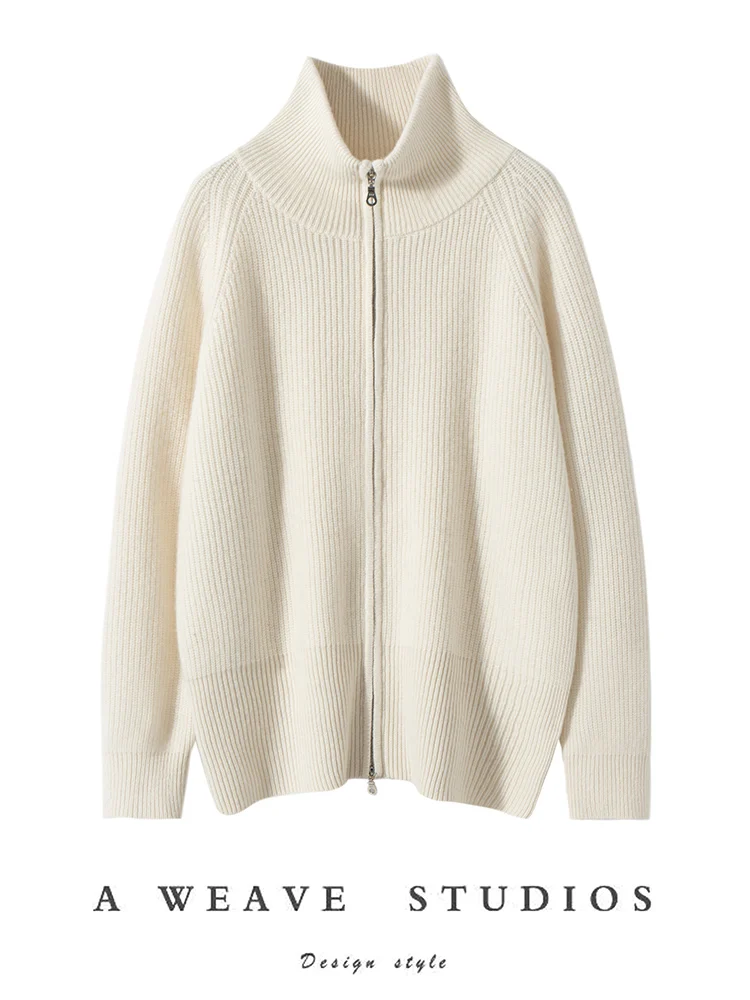 

Luxury 100% Cashmere Cardigan Sweater Women's Zippers Lapel Thick Autumn Winter Raglan Sleeve Simple Knitwear Grace Clothing Top