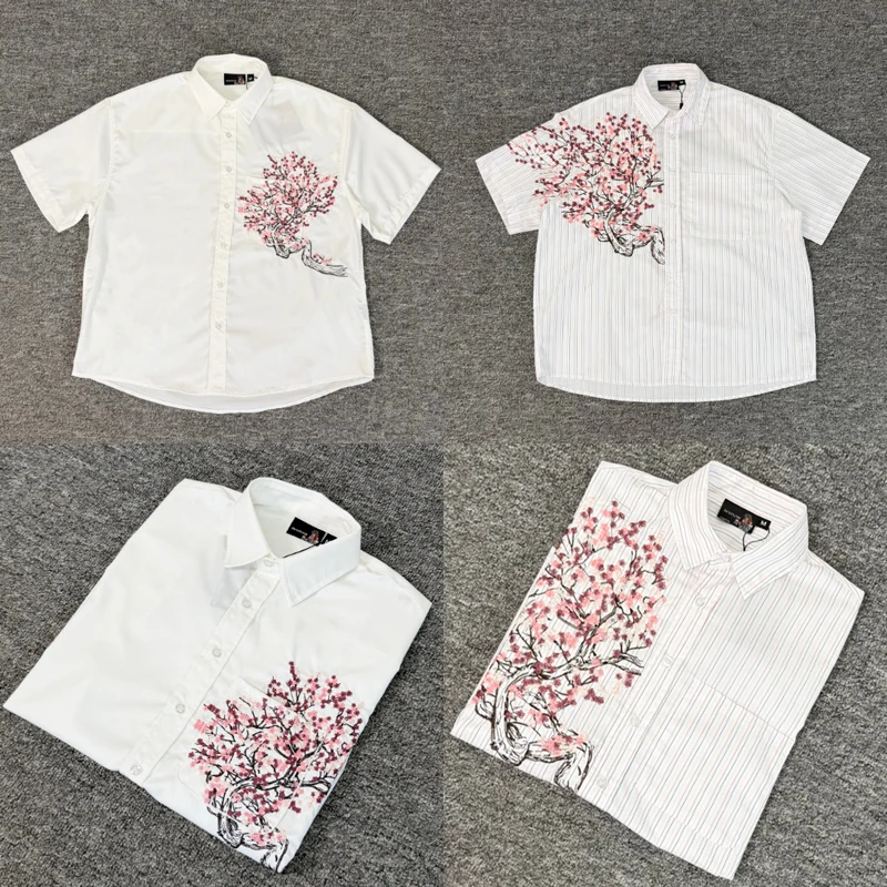 Send Out in One Day Derschutze Shirt High Quality Cherry Blossom Embroidery Pattern Striped Casual Shirts