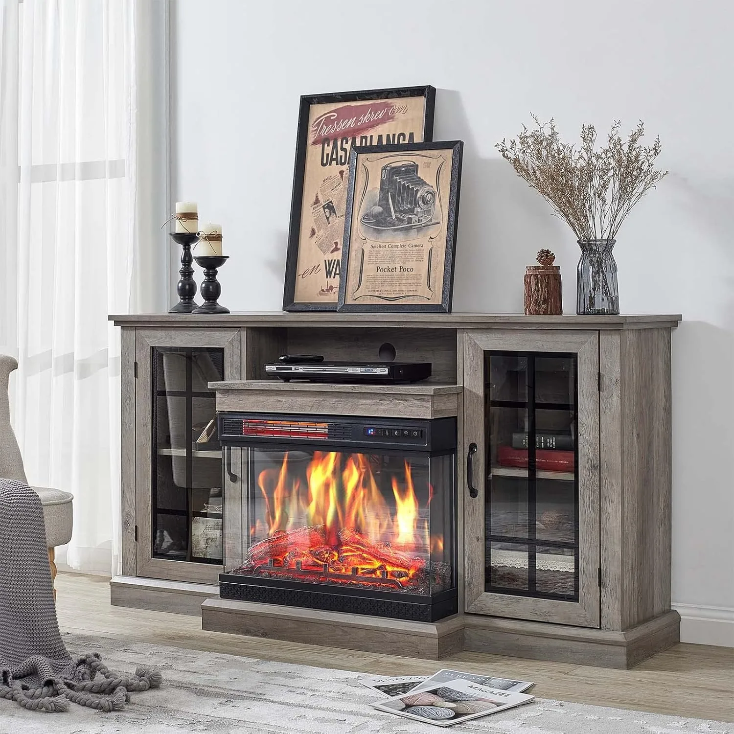 3-Sided Glass Fireplace TV Stand w/ 12 Color, Media Entertainment Center Console Table w/ Doors Closed Storage, Wash Gray