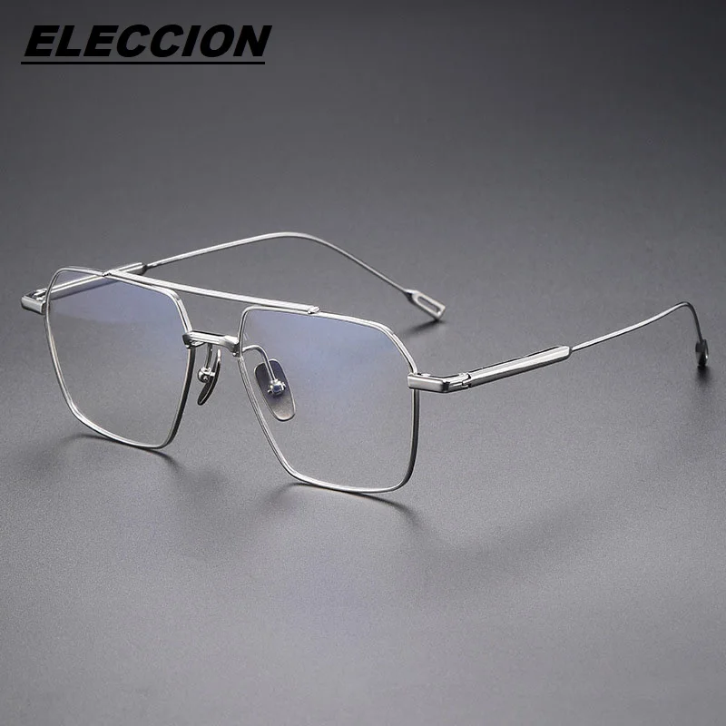 ELECCION Handmade Retro Pure Titanium Glasses Frame Double Beam Pilot Men Prescription Optical Eyeglasses Square Full-Rim Frames