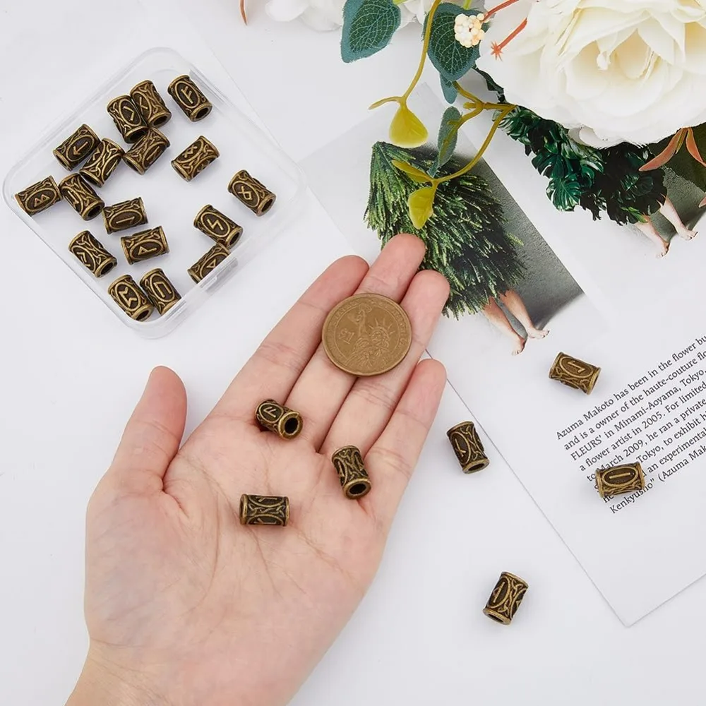 24Pcs Rune Beads Alloy Column Spacer Antique Bronze Elder Futhark Letter Loose Tube Beads Style Viking Hair - view 3