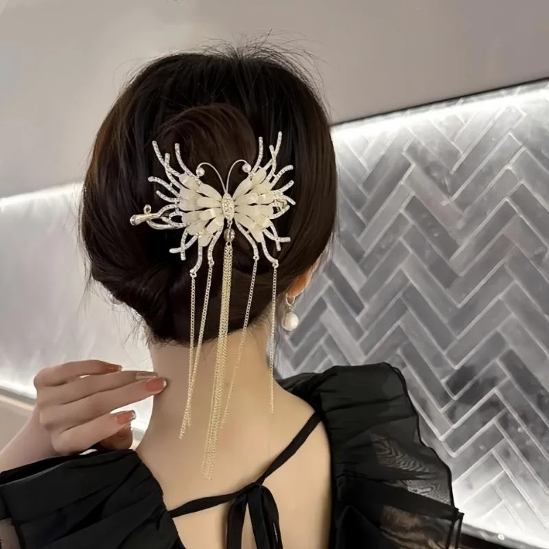 Rhinestone Butterfly Metal Chain Tassel Hair Clips Dark Style Ponytail Hairpins Clip Women Hair Accessories for Women