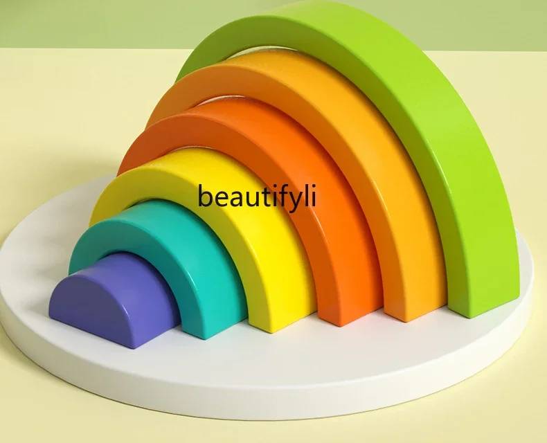 

Large solid wood rainbow building block children's educational toys toddler, semi-circular arch colored wood