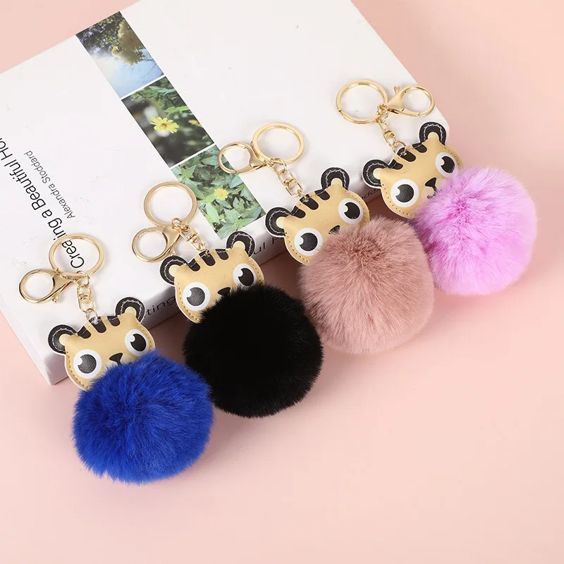 

Faux Rabbit Fur Ball Keychain Charm Key Ring Cute Leather Tiger Keyring Plush Fluffy Pompom Bag Car Key Charms Accessory