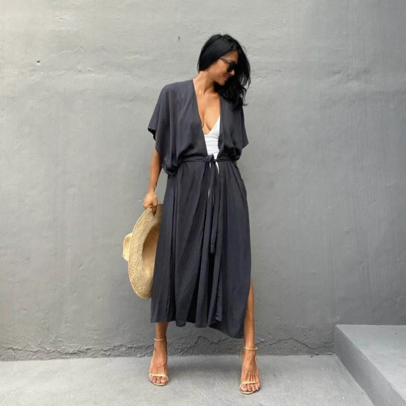 Swimsuit Cover Ups for Women Beach Cape Tunic Kimono Summer Belted Split Wrap Dresses Pareo Holiday Bathing Suits Factory Supply