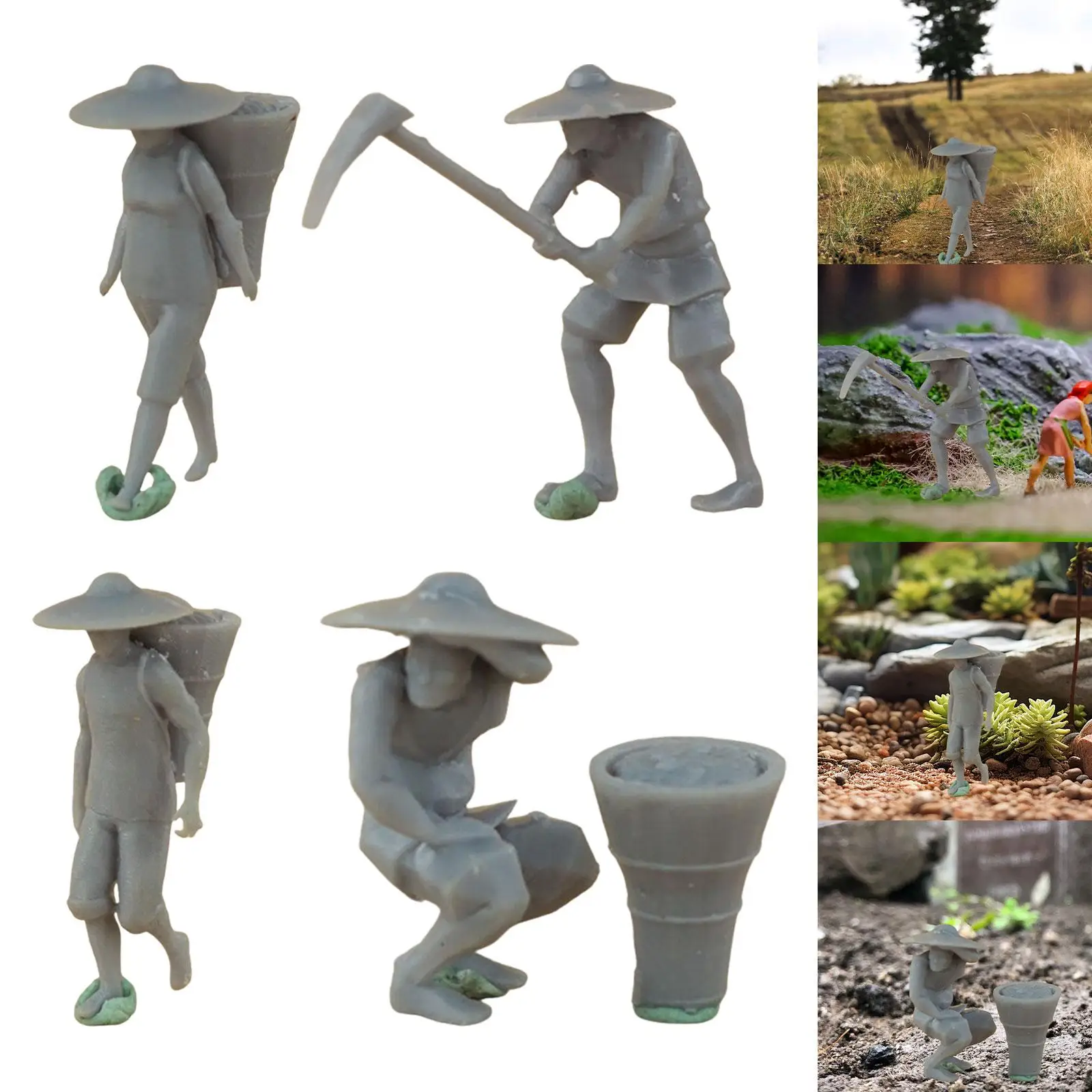 Mini Farmer Figurine Modelo para Jardim de Fadas, Resina Personagem, Cena em Miniatura, Decoração Desktop, Layout Da Estação De Trem, 1/87