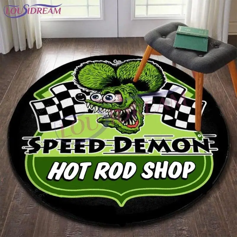 Retro Rat Fink Hot Rod Garage Round Rug, Personalized Art Decor Floor Mat, Non-Slip Washable Area Carpet for Bedroom & Office
