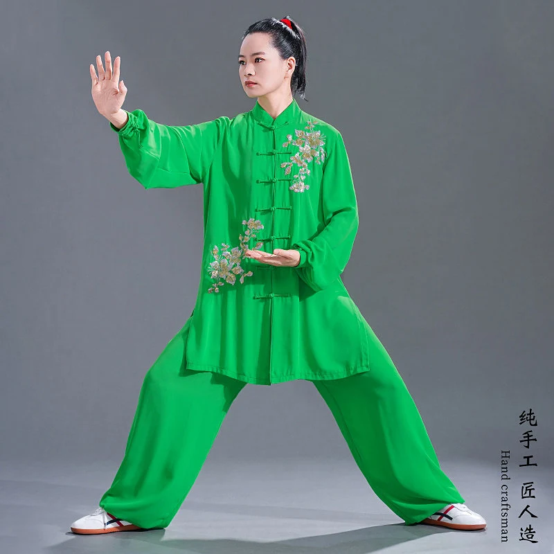 **Women's 202X SS Tai Chi Set - Green Emb Silk Linen, Breathable Seq for Perf/Comp/Morn**