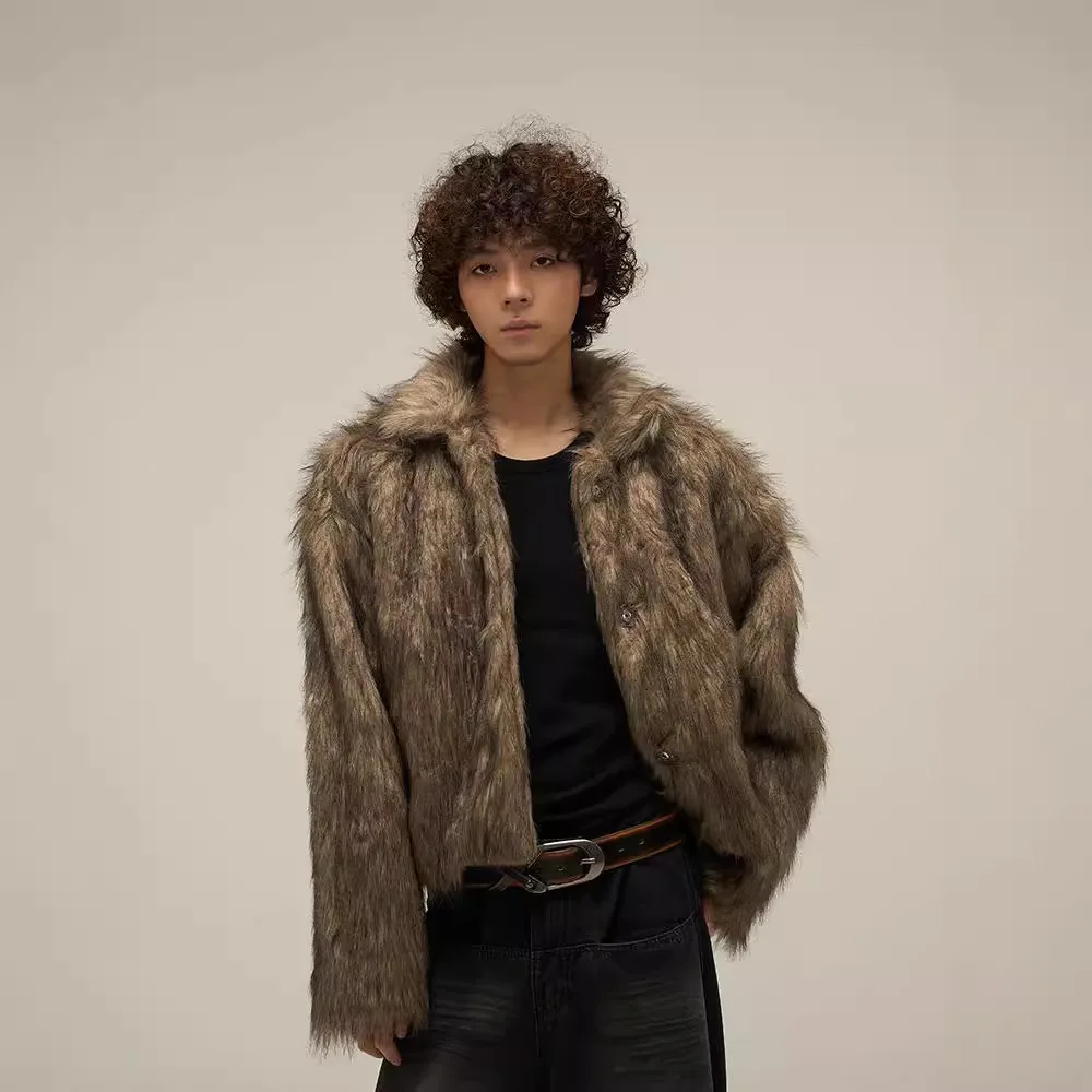Men\'s Winter Faux Fur Coat Fashion Design Fur Jacket For Male Turn Down Collar Personality Designer Fluffy Fur Outerwear