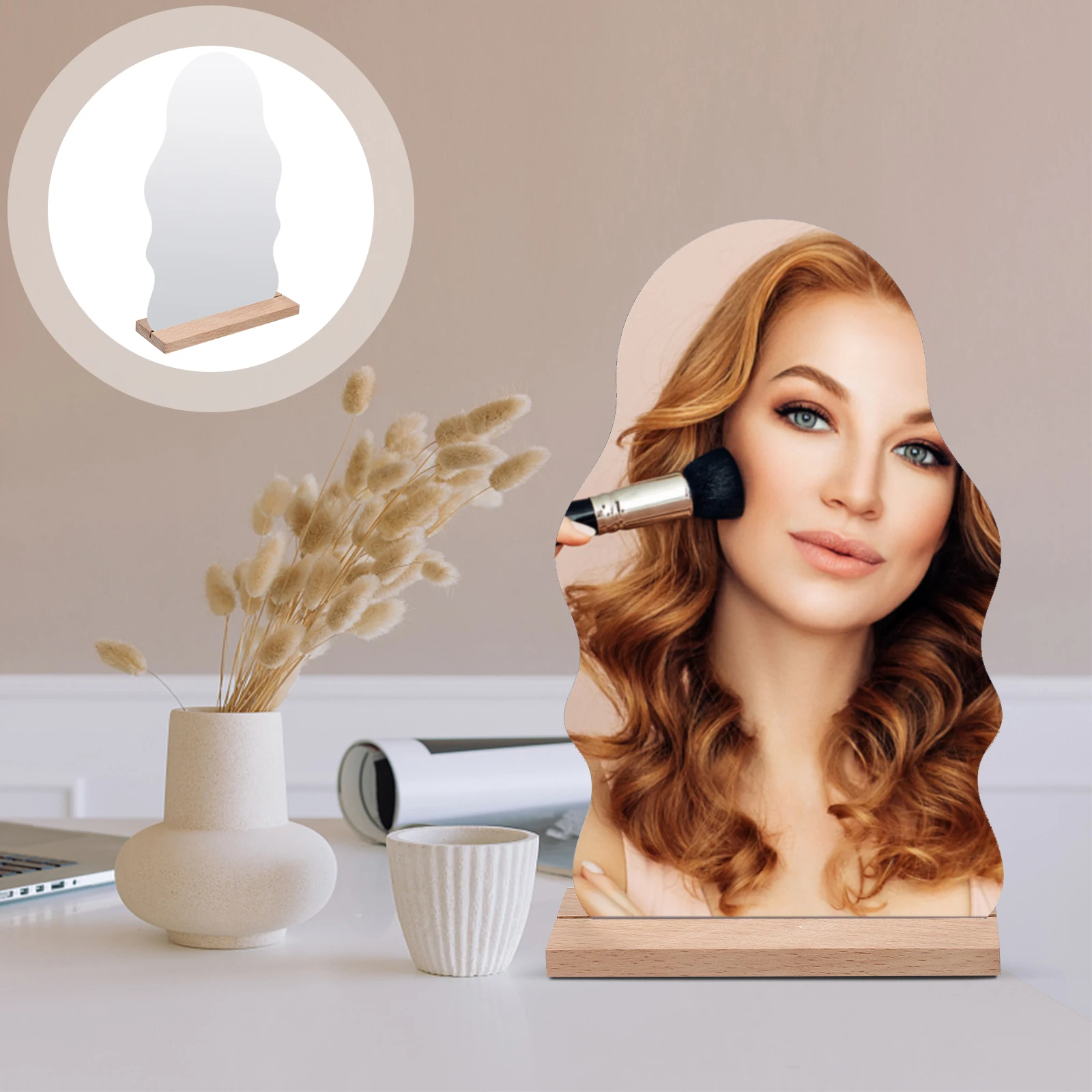 Espelho de vaidade de mesa de maquiagem acrílica portátil pequeno irregular elegante espelho de maquiagem forma base de madeira quarto uso de escritório