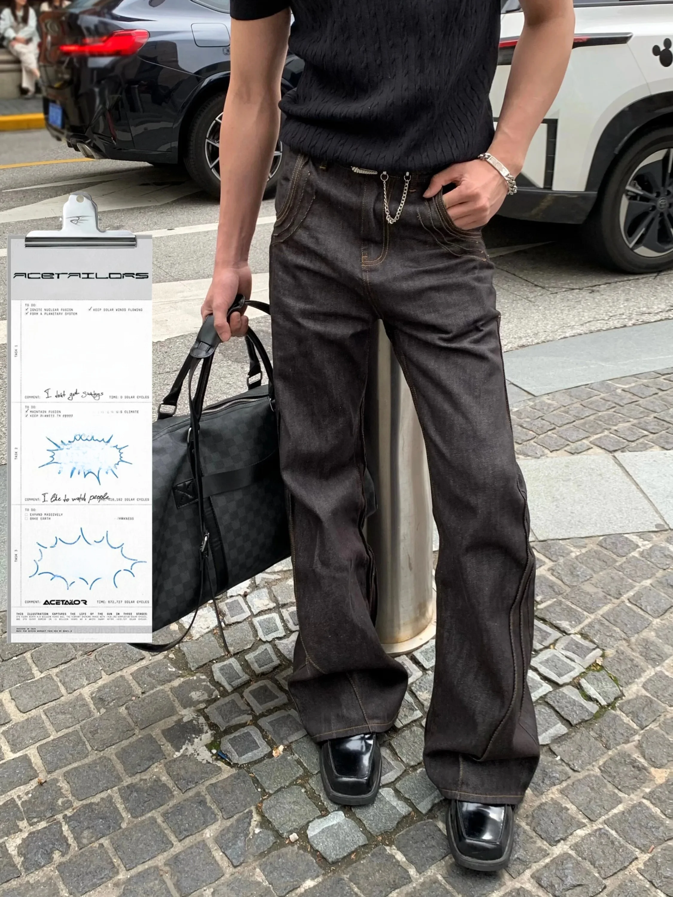 Ace American Retro Straight Leg Bell Bottom Jeans High Street Embroidered Loose Washed Floor-Length Pants for Men