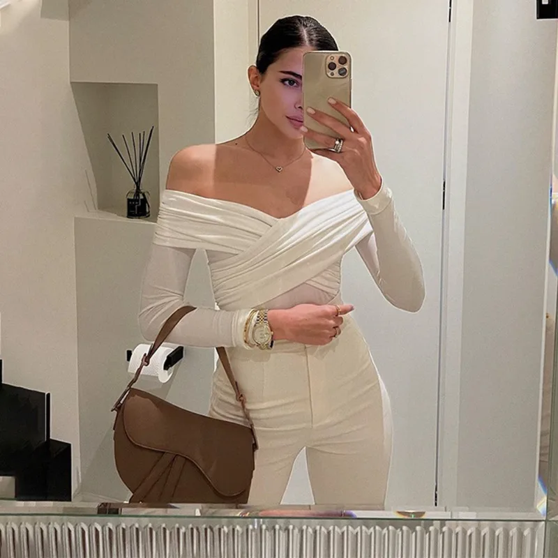Talenza White See-through Patchwork Jumpsuit Women\'s Sexy High Waist Long Sleeve Off Shoulder Jumpsuit Pleated Slim Fit Jumpsuit