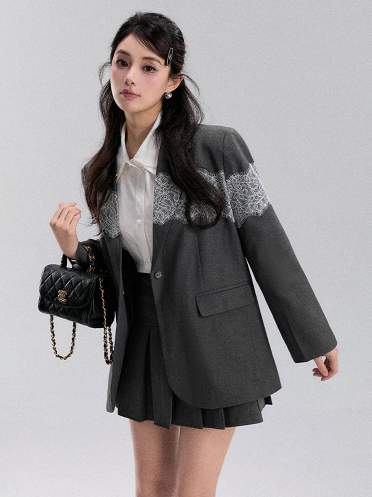 

Женский костюм с кружевными вставками Ele, весна 2025, новая винтажная модная модель в западном стиле, свободный крой, для повседневной носки