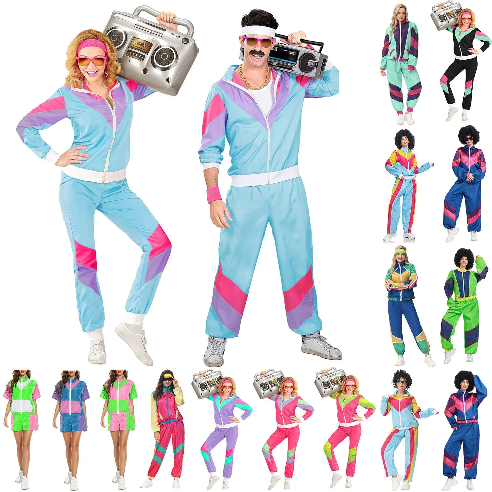 Adult 80s Tracksuit Retro Hip Hop Cosplay Costumes Windbreaker Disco Tracksuit Sets Colorblock Mardi Gras Party Carnival Outfits