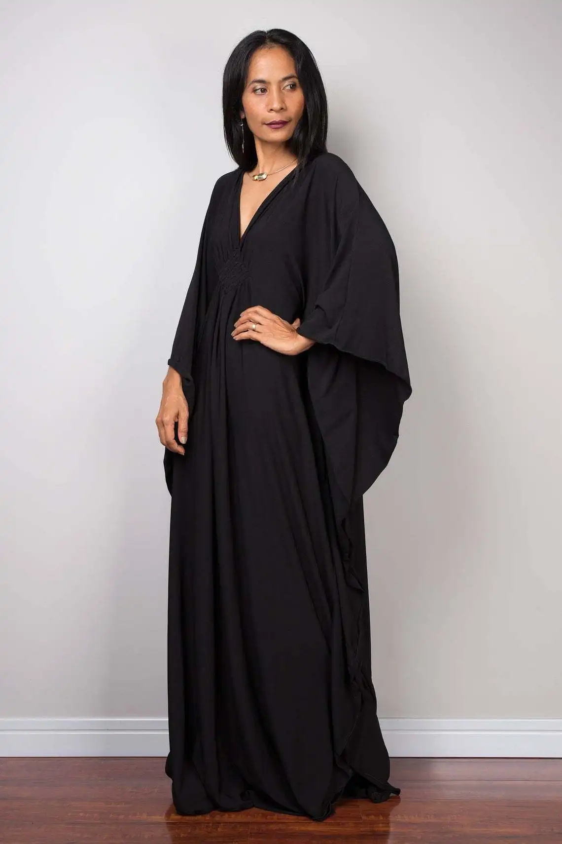 Women Solid Color Cover Up V Neck Batwing Sleeve Plus Size Beach Kaftan Dresses Batwing Sleeve Caftans Loungewear