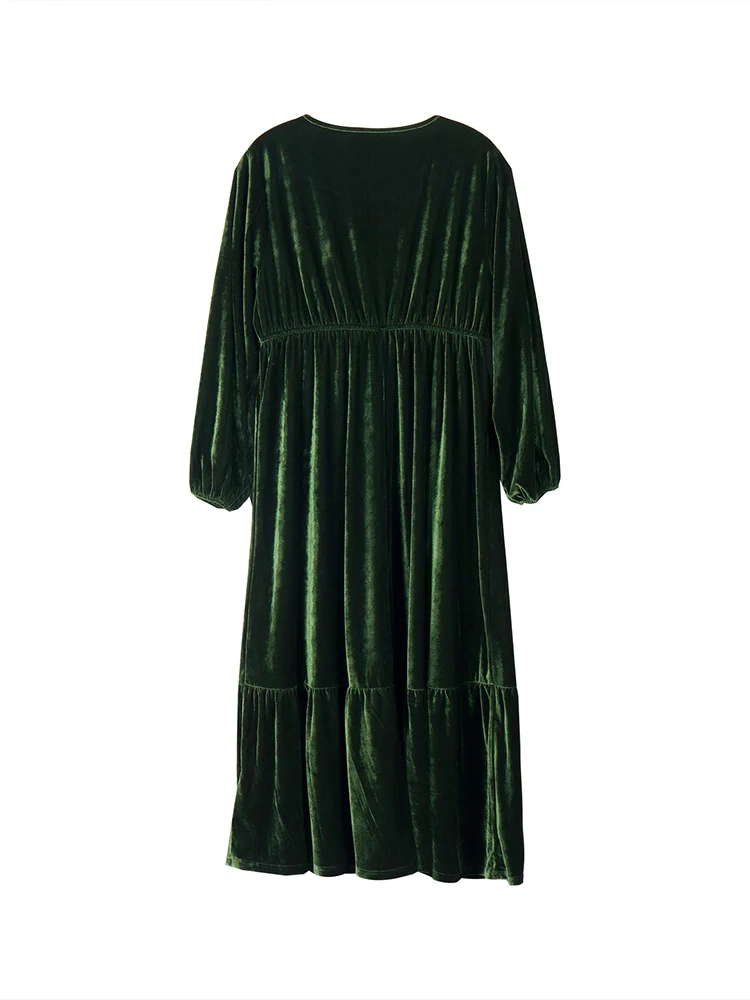 Plus Size Women\'s V-Neck Velvet A-Line Dress, Waisted V-Neck, Elegant, Premium, Long Sleeve, Monochromatic,