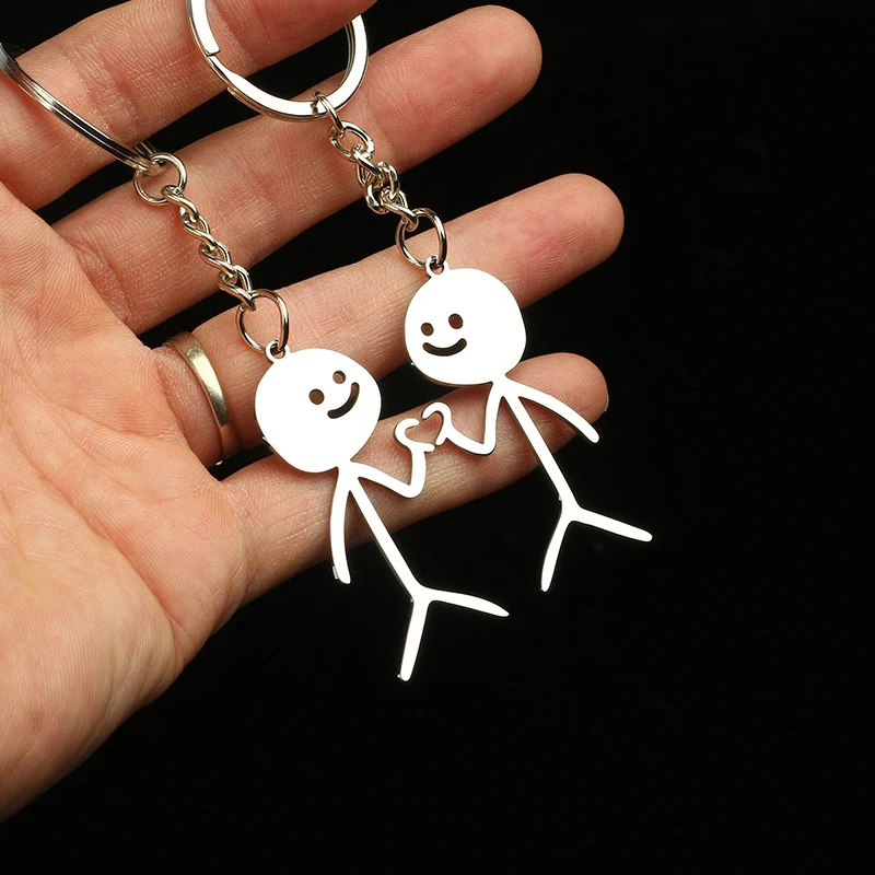 2pcs Creative Hand Heart Stickman Keychain Funny Metal Key Ring For Men WomenBag Car Key Pendant Keyring Accessories Xmas Gifts