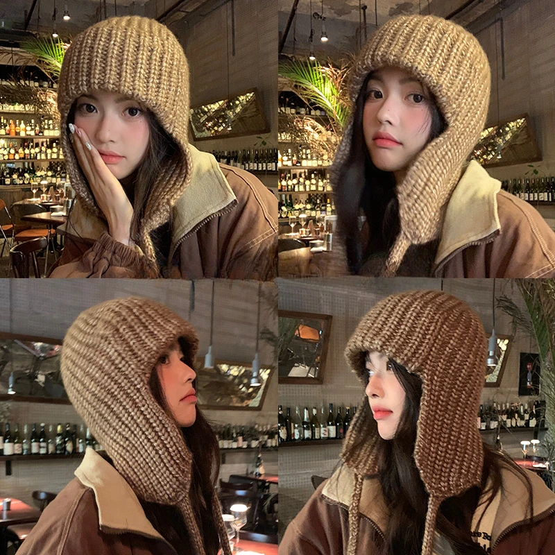 Paternity Knitted Ear Protectors Woman Winter Versatile Bomber Hat Thread Frenulum Solid Color Pullover Hats