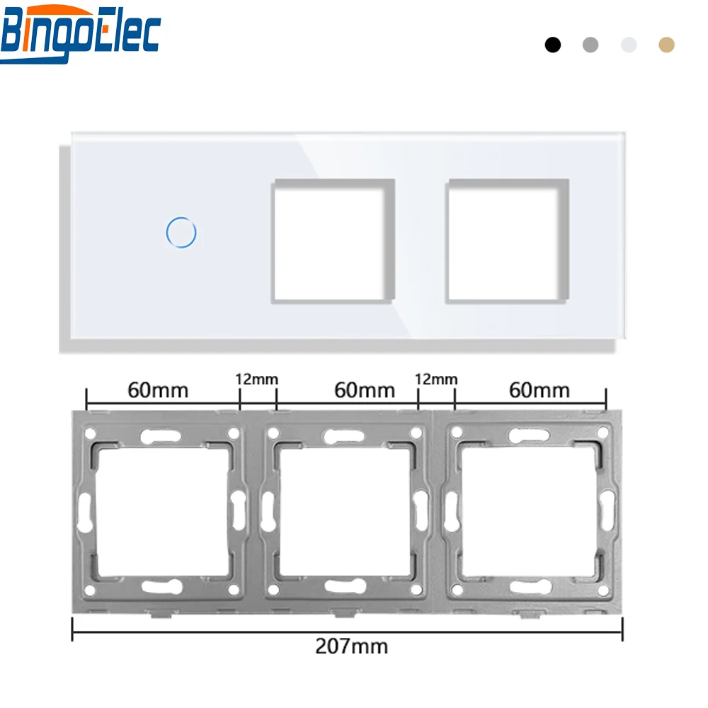 Bingoelec EU Standard Triple Wall Switch Cyrstal Panel Glass Frame for Switch Part Socket Outlest 228mm White Black Gold Grey