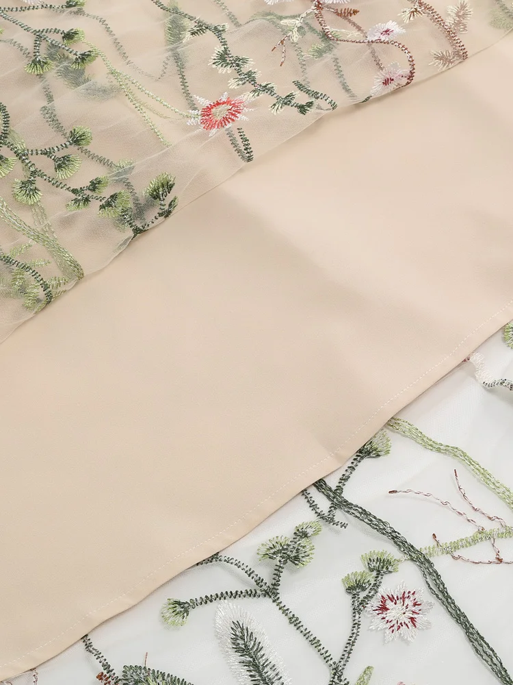 Tonval Floral Embroidered Mesh Overlay Lined Long Skirt Elastic Waist Women Elegant Festival Outfit Summer Vintage Skirts