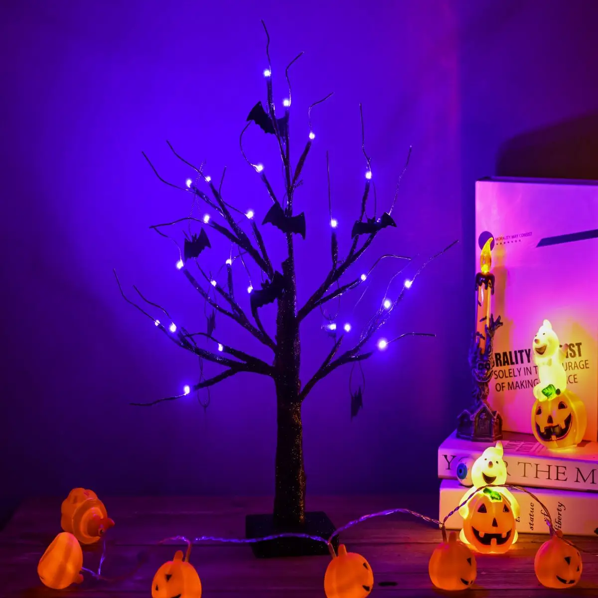 Cubierta de árbol de Halloween con purpurina, 45CM, 24 LED, púrpura, iluminada, decoración interior del hogar