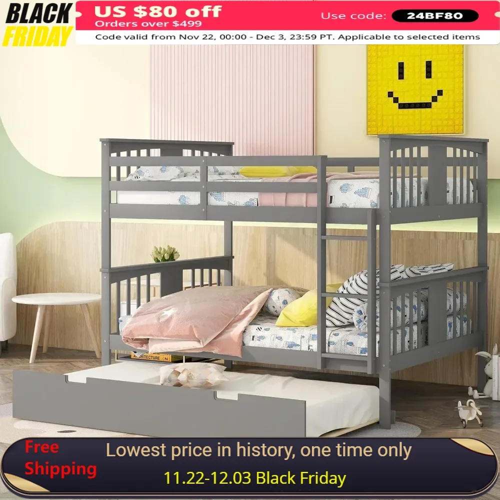 Full Bunk Bed, for Adults Kids Teens, Detachable Wood Full Bunks Bed Frame with High Length Guardrail,Solid Wood Bunk Beds