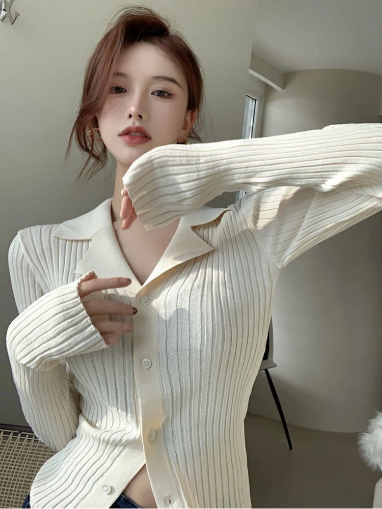 Cardigan Women Slim Fashion Korean Style Spring Knitted Outerwear Chic Sexy Long Sleeve Sweater New Simple Casual Daily Vintage