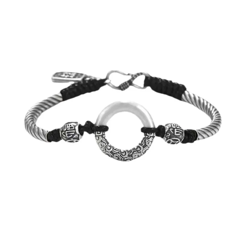 New in silver 925 Auspicious Cloud circular ring bracelet for women Retro Black Braided bangles charms Couple style fine Jewelry