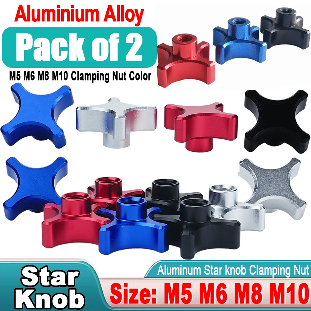 2pc/lot M5 M6 M8 M10 Aluminum Alloy 4 Star Hand Tighten Nuts Blind Hole Clamping Knob Thumb Nuts Black/Silver/Dark Red/Royal Blu