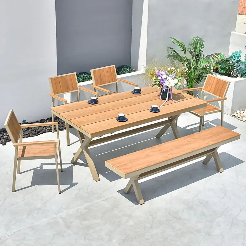 Nordic Outdoor Patio Set Plastic Wood Table Rock Slab Top Chairs Garden Villa Terrace Leisure Furniture