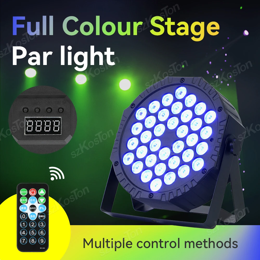 36W Remote Control Full Color Stage Flat Par Light LED RGB DMX512 DJ Disco Party Holiday Christmas Bar Club Birthday Show Lights