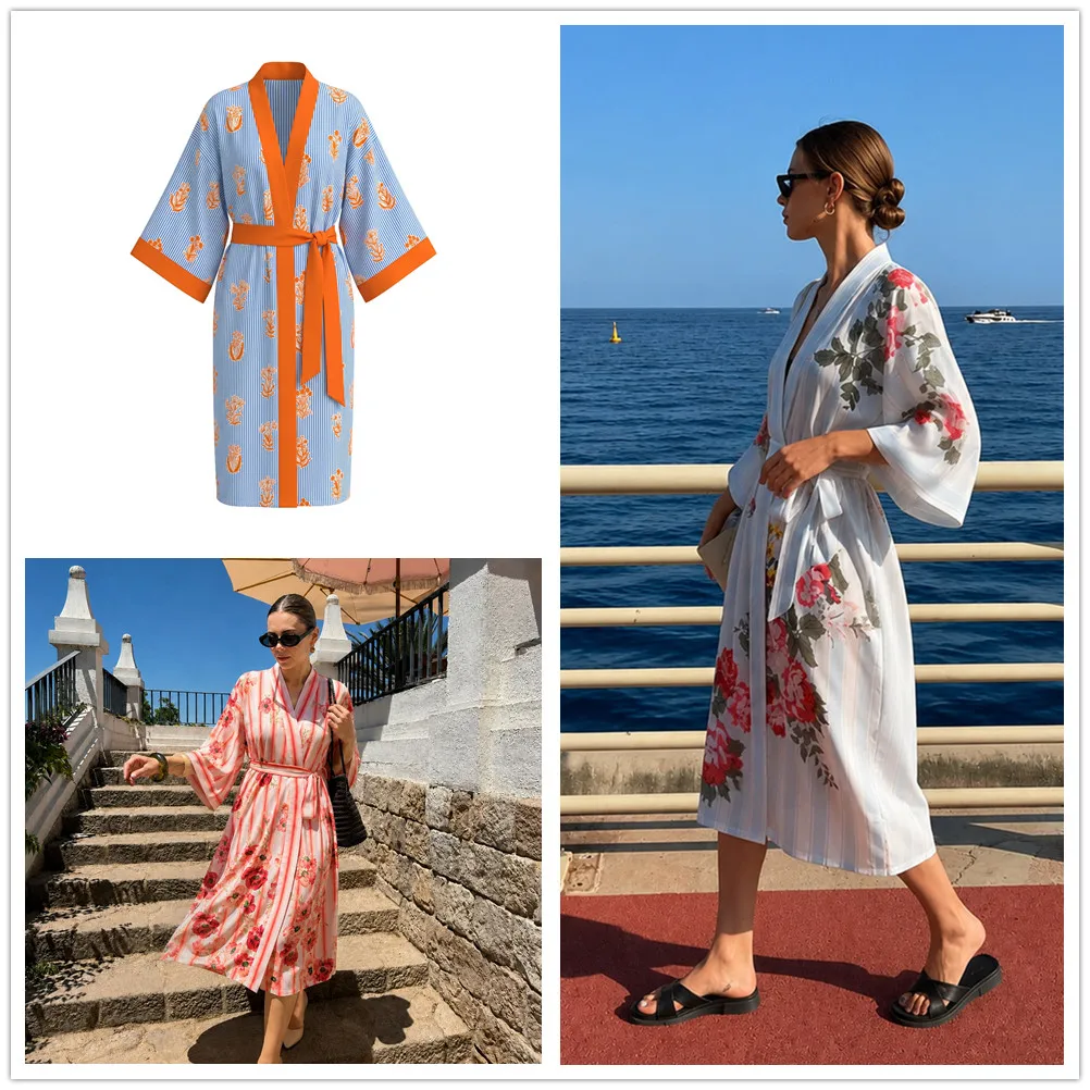 Print Flower Long Robe Nightgown Summer Kimono Bathrobe Women Sexy Rayon Home Loungewear