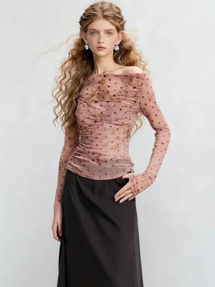 

Женская приталенная футболка ZhuoZhi Gentle One-shoulder Lobone с длинным рукавом, креативным узором, для повседневной носки, осенняя новинка